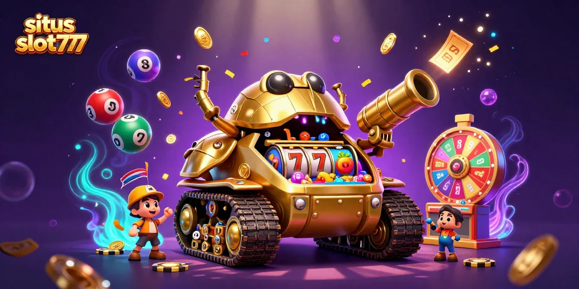 Engage in exciting gameplay at situs slot777 with a dynamic golden beetle tank casino illustration.