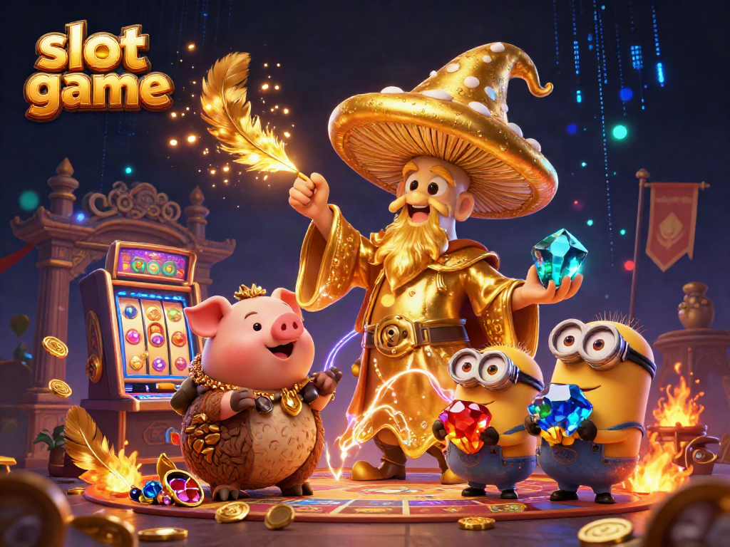Engaging scene of a slot game wizard casting golden magic with treasure-seeking companions