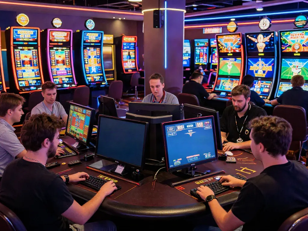 A80 online casino scene with diverse players enjoying slots and poker games, vibrant neon lights creating excitement.