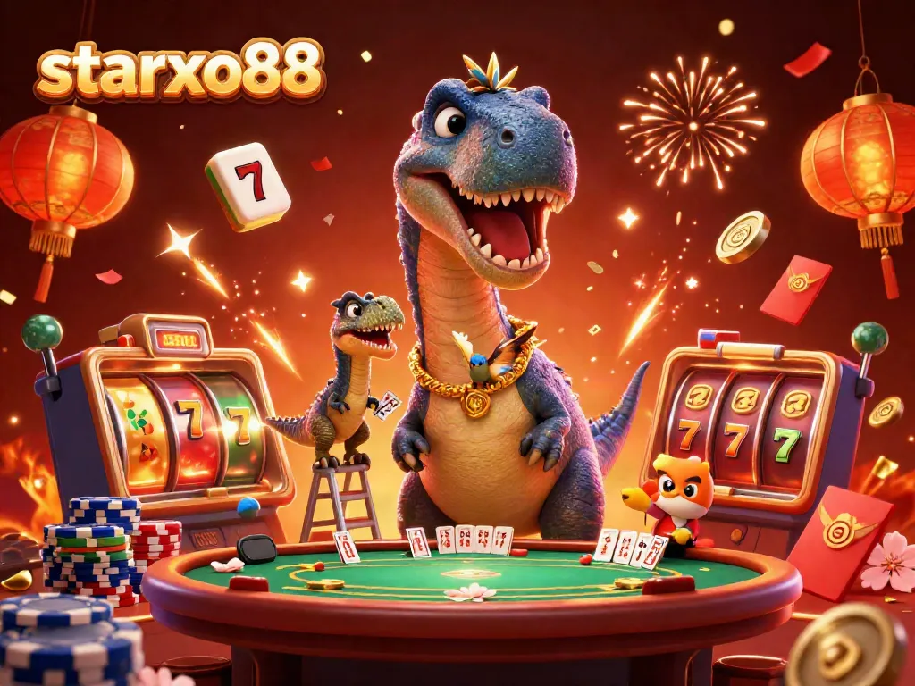 Experience the excitement of starxo88 as a giant brontosaurus oversees a vibrant casino scene filled with slot reels and jackpots.
