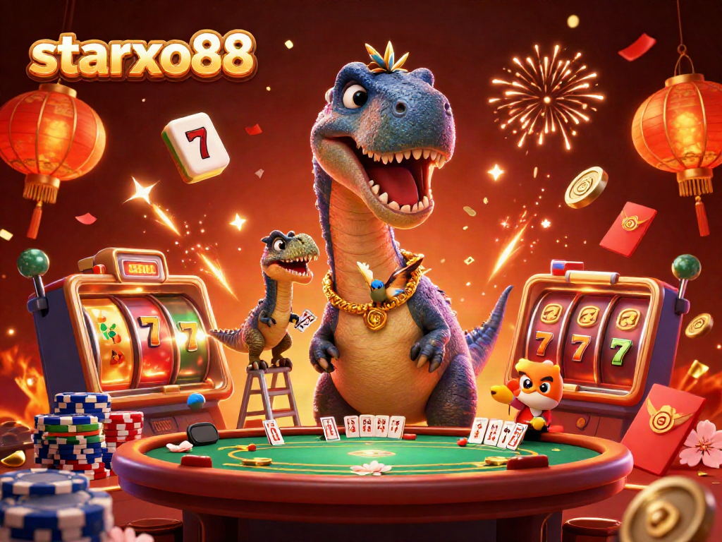 Experience the excitement of starxo88 as a giant brontosaurus oversees a vibrant casino scene filled with slot reels and jackpots.