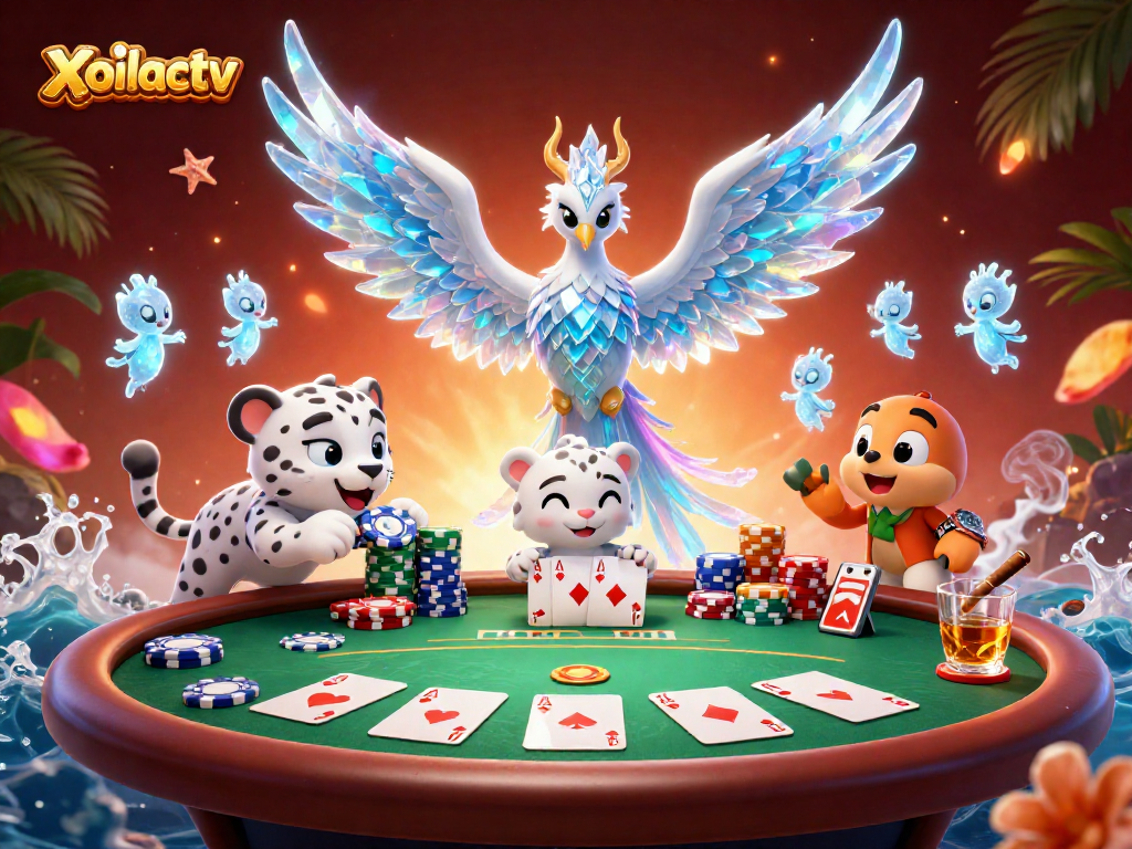 Xoilactv showcases a vibrant casino scene with an ice phoenix, snow leopard cub, and dancing sprites.