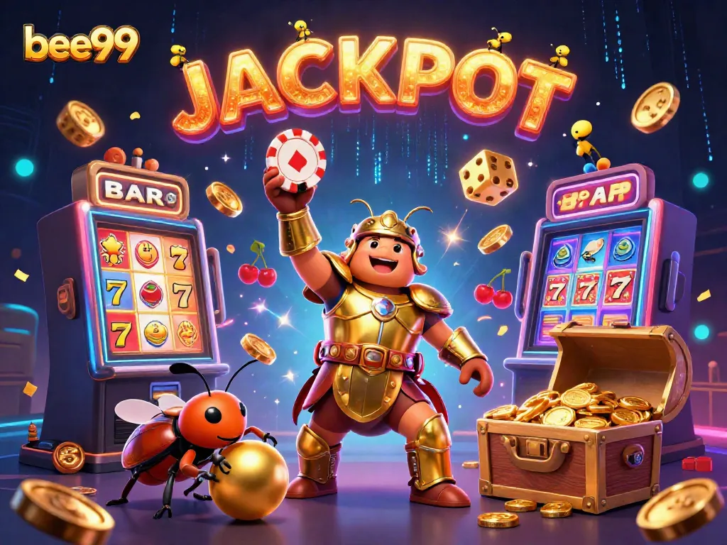 Experience the thrilling jackpot vibe at bee999 with lively characters and vibrant casino elements.