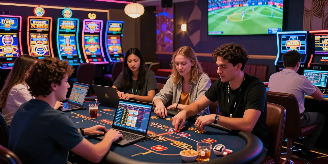 Group enjoying interactive gaming sessions on ALO8 platform, vibrant casino atmosphere.