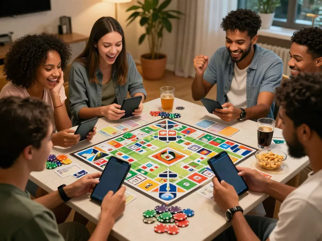 Exciting Rumble Rummy match with friends enjoying a mobile gaming session at a cozy coffee table.