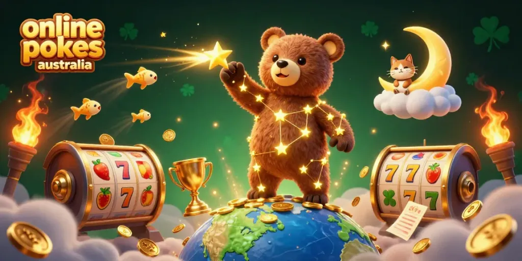 Play exciting online pokies in Australia with 3D cartoon characters in a vibrant casino scene.