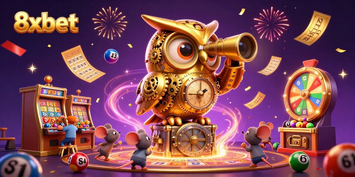 Experience dynamic gaming excitement at 8xbet with a whimsical 3D casino scene filled with festive action.
