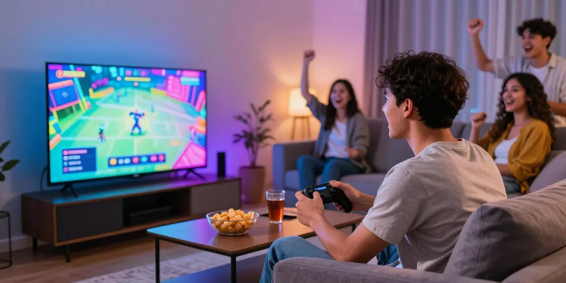 Raja Game login scene with friends enjoying gaming in a lively living room atmosphere