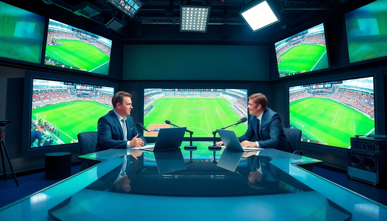 Engaging sports broadcasting scene with enthusiastic hosts discussing live games.