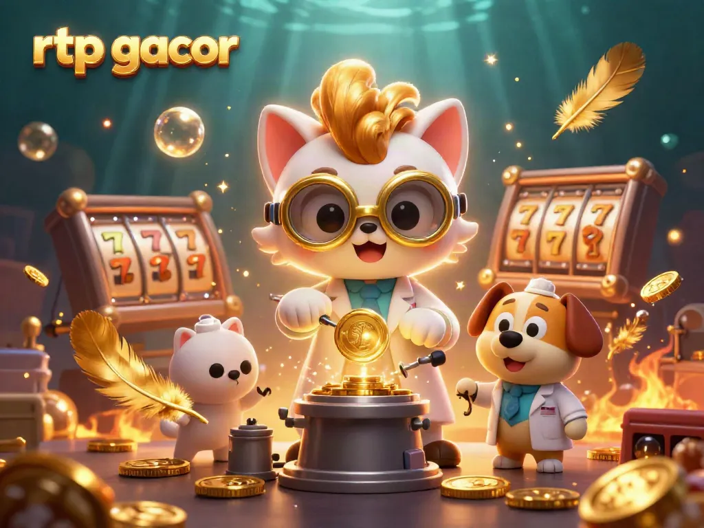 Bermain rtp gacor dengan karakter kartun ilmuwan kucing di lab slot, dikelilingi koin emas dan efek api.