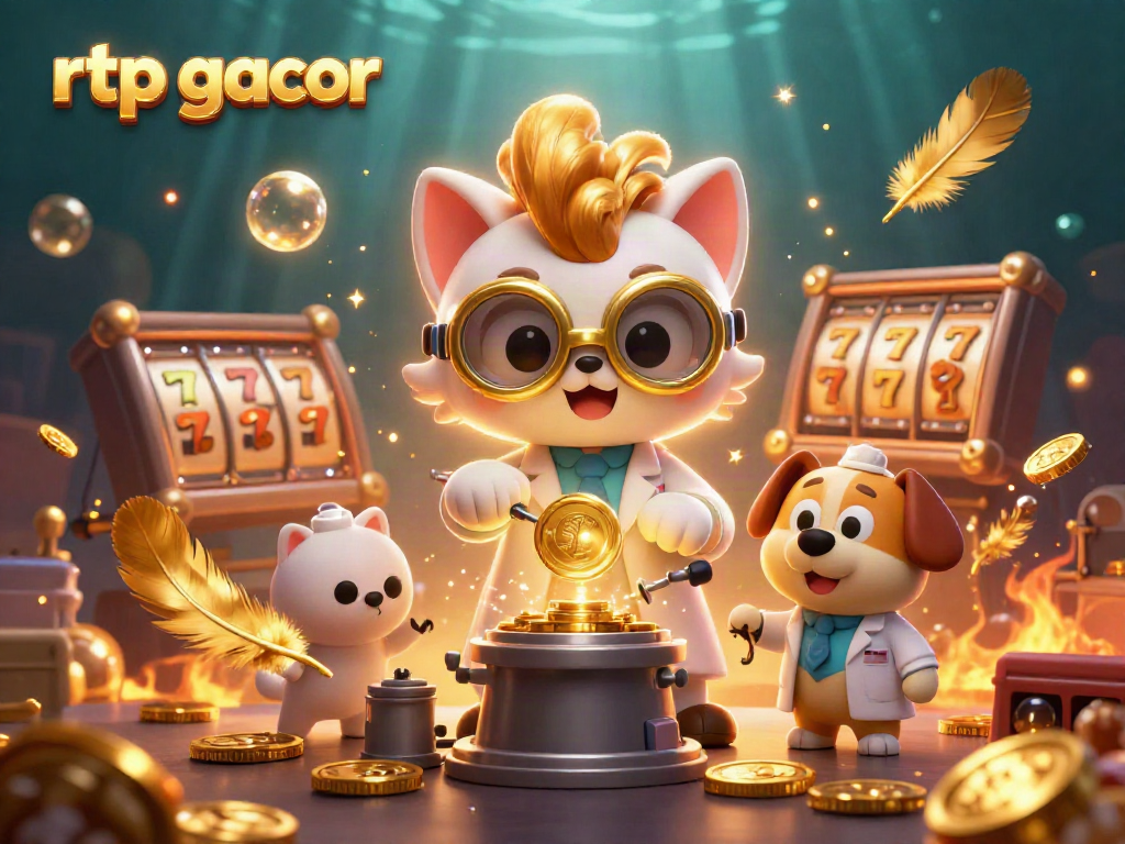 Bermain rtp gacor dengan karakter kartun ilmuwan kucing di lab slot, dikelilingi koin emas dan efek api.