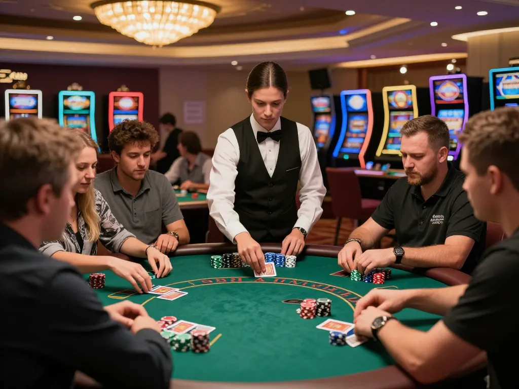 Players engaged in a thrilling blackjack game at 98wincom casino table, vibrant atmosphere with colorful chips.