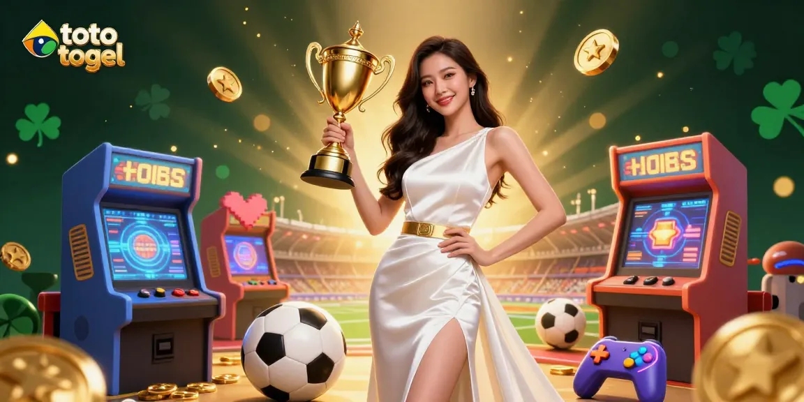 Terlibatlah dalam permainan toto togel yang mendebarkan bersama wanita Asia yang menang dengan trofi di tengah elemen permainan yang berwarna-warni.