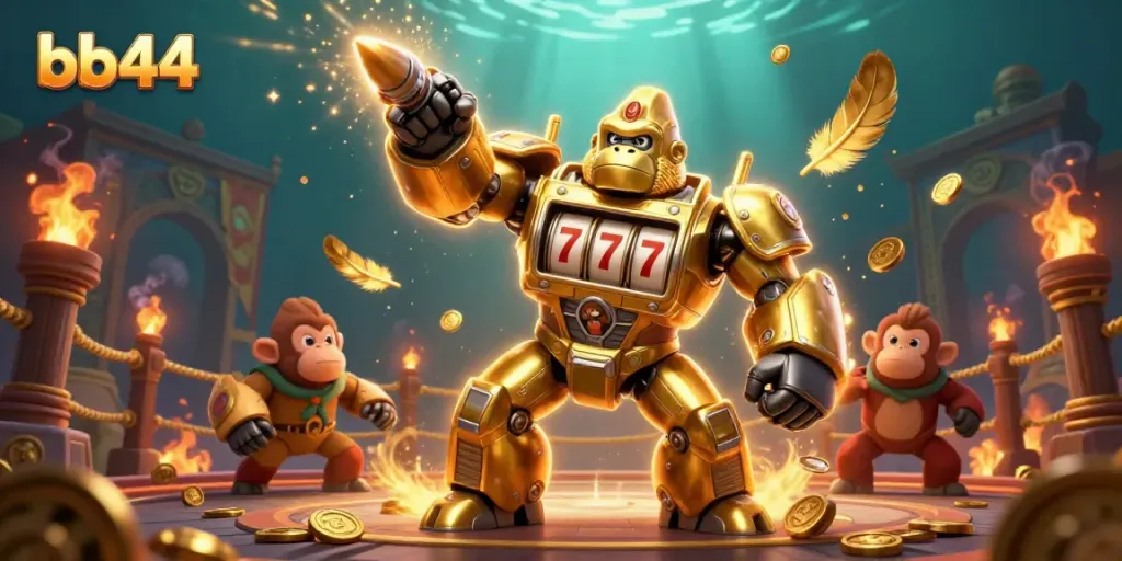 Experience the thrilling action of bb44 with a dynamic golden gorilla mech and explosive gaming elements.