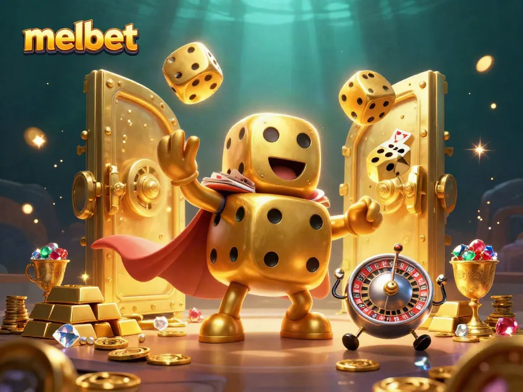 Experience the thrill of melbet with golden dice and treasure in this captivating illustration.