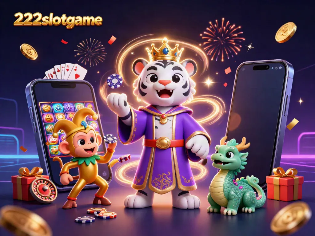 Menangkan permainan slot dengan 222slotgame, saat harimau kartun putih yang elegan bersenang-senang.