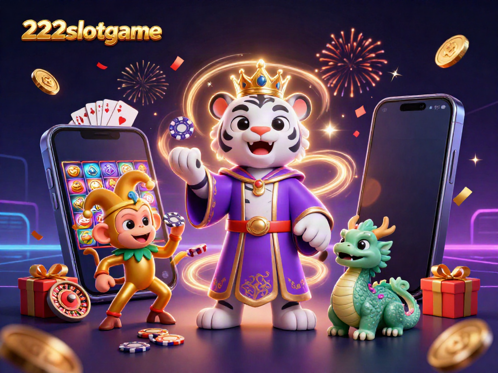 Menangkan permainan slot dengan 222slotgame, saat harimau kartun putih yang elegan bersenang-senang.