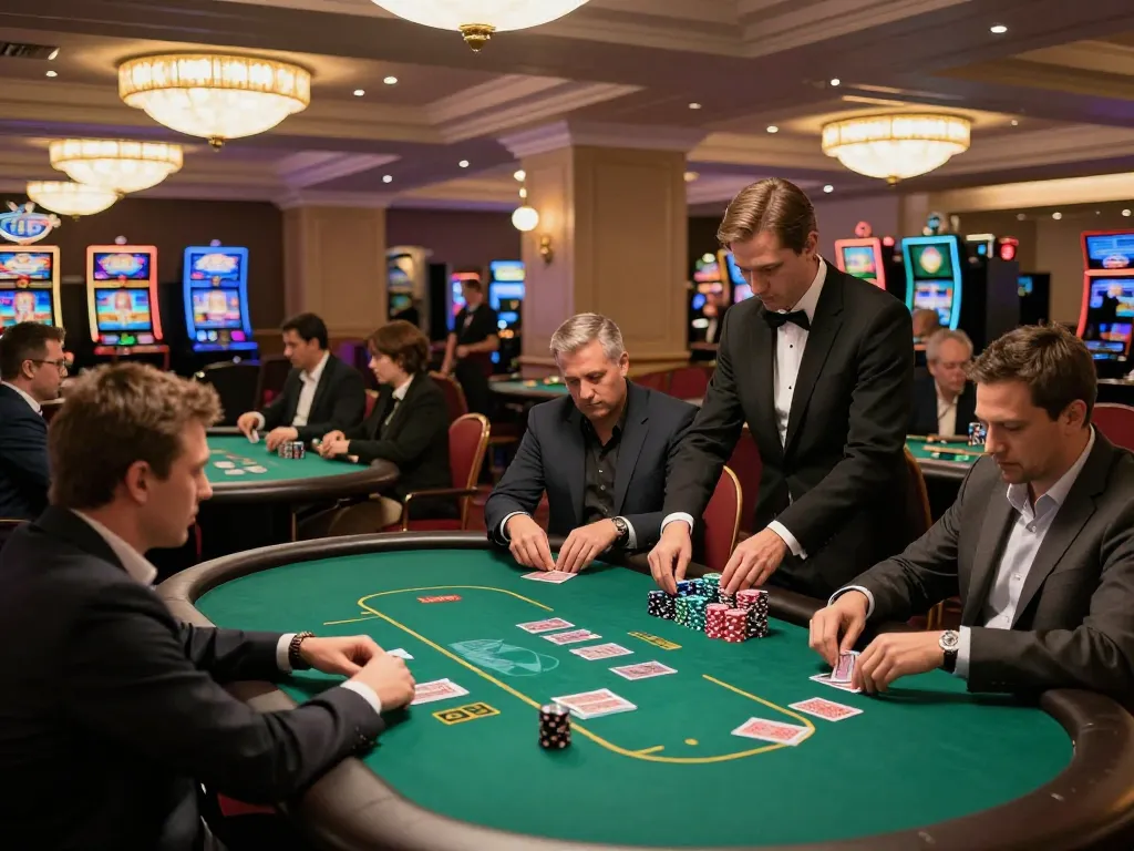 Action at 56win poker tables with players and dealers engaging in strategic gameplay.
