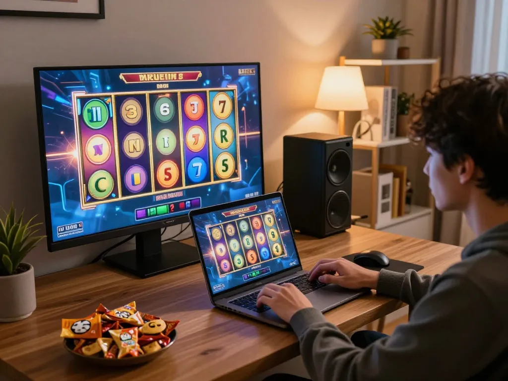 Player enjoying slot online game on laptop in cozy home environment with ambient lighting.