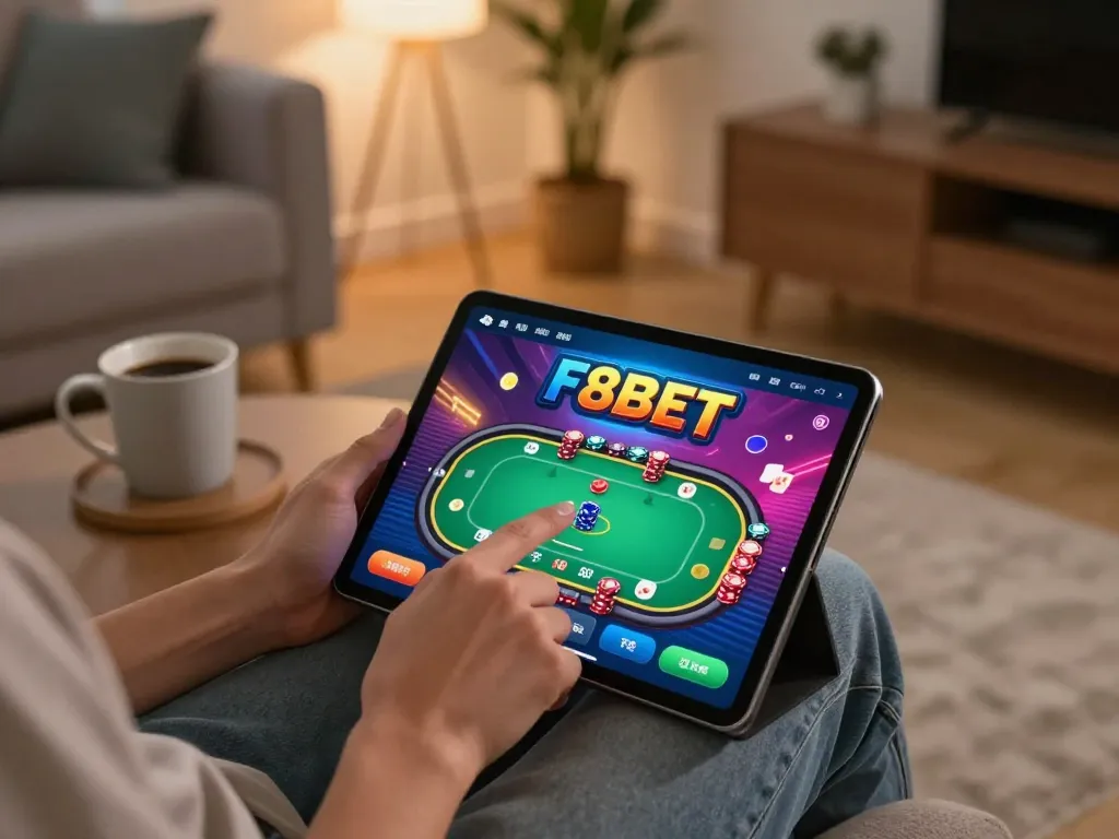 Player using the F8BET app on a tablet, immersed in online poker gameplay in a cozy living room.