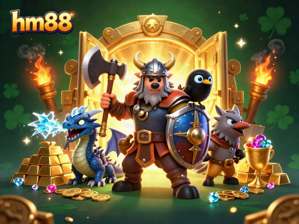 Experience thrilling gaming at hm88 with a Viking warrior, dragon, and treasure galore in a stunning 3D scene.