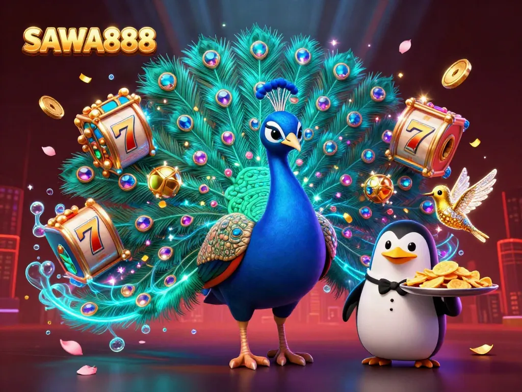 Engage in thrilling gameplay with SAWA888's peacock mascot and glittering casino elements.