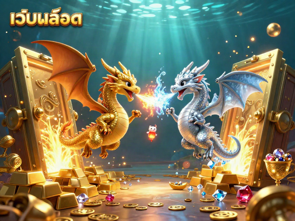 Experience thrilling เว็บสล็อต adventures with a dazzling scene of intertwined dragons and treasures.