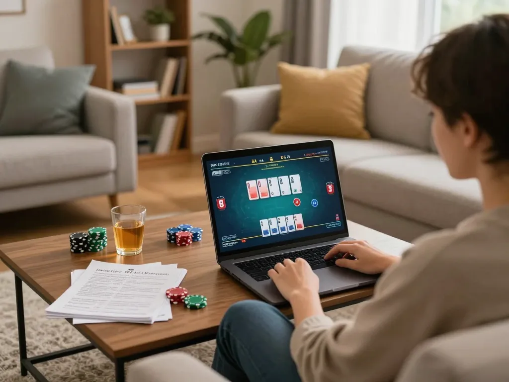Person playing online poker at home using 3win platform, creating a cozy gaming atmosphere.