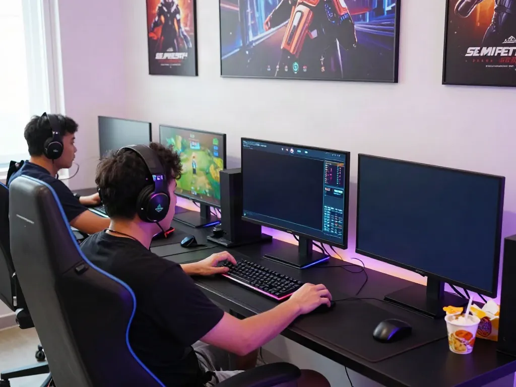 A80 website gaming setup with player, vibrant screens, and dynamic atmosphere.