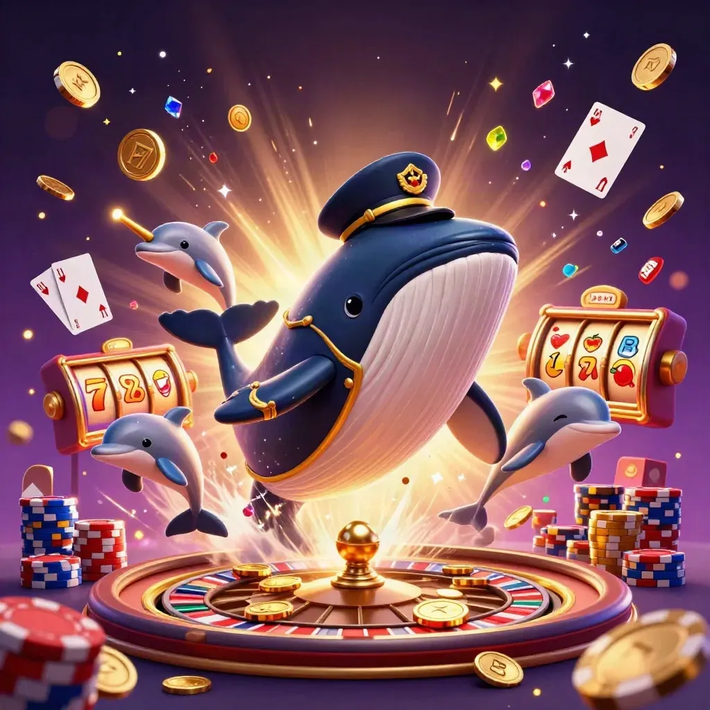 Whale captain, narwhal, and dolphins explode through coins, chips, gems, and a spinning roulette wheel.