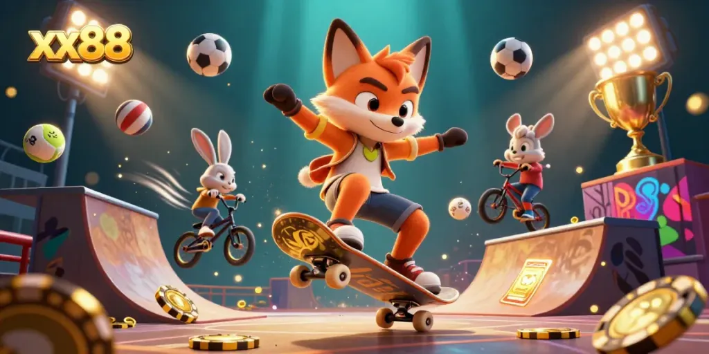 Experience the thrilling world of xx88 with a vibrant 3D scene of playful characters and casino symbols in action.