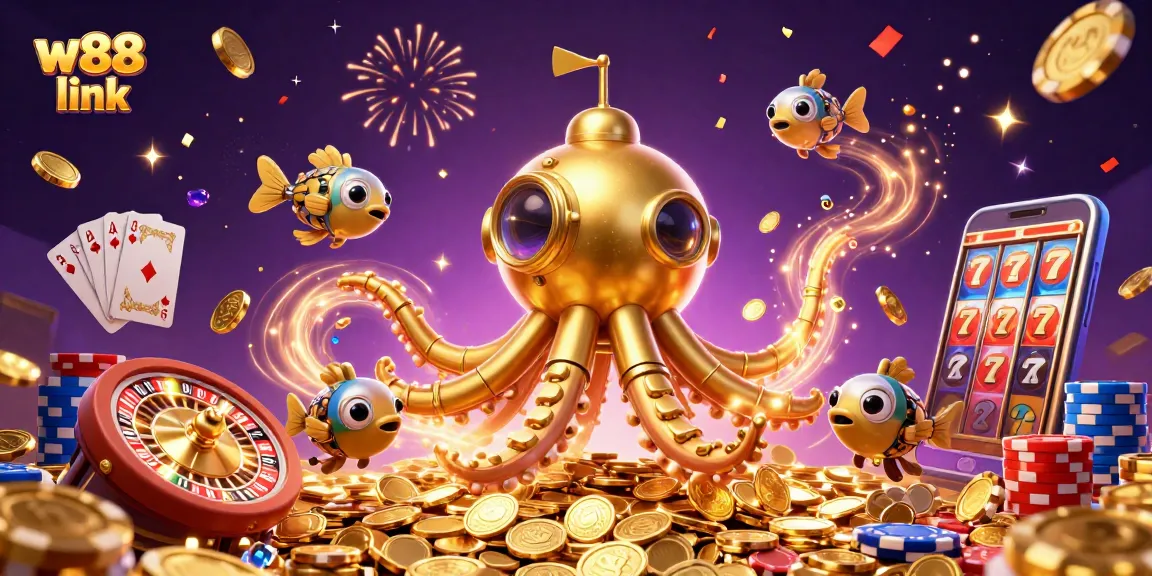 Engage with the vibrant w88 link scene featuring dynamic casino elements and golden treasures.