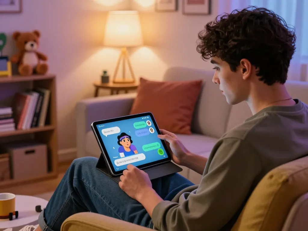 User enjoying NSFW chat interactions with an AI character in a cozy home setup.