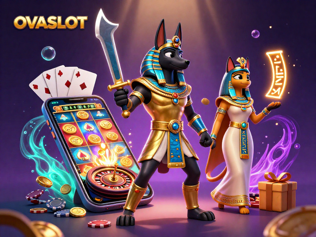 Spin the colorful reels of OVASLOT with Anubis and Bastet amidst radiant gold symbols.