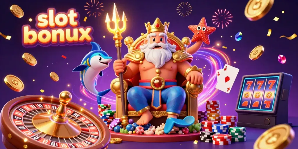 Experience the thrill of slot bonuses with an illustrated casino scene featuring enchanting characters, coins, and vibrant colors.