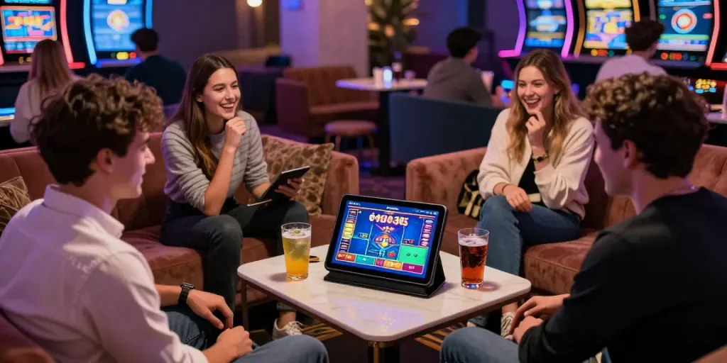 Group enjoying lotus365 gaming experience with tablet and neon lights