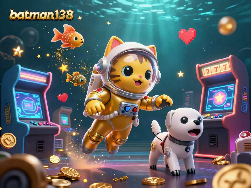 Engage with batman138, a vibrant 3D gaming scene featuring an astronaut cat and robot dog with casino elements.