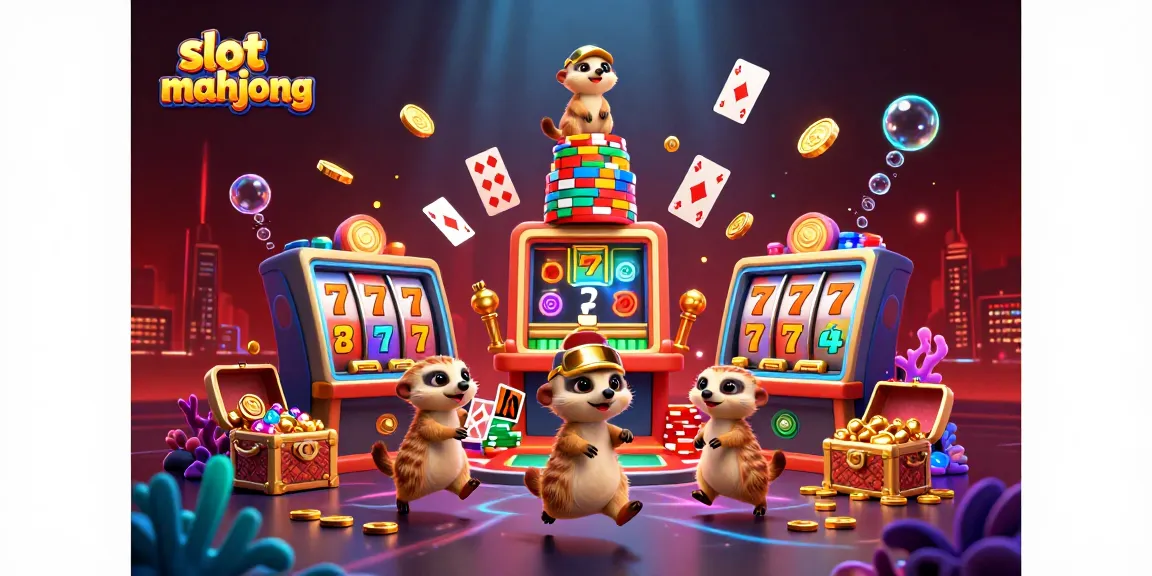 Engage with exciting slot mahjong gameplay illustrated with animated meerkats and casino elements.