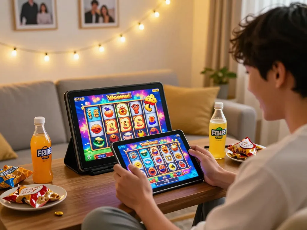 Situs slot gacor gaming excitement with user celebrating a big win at home