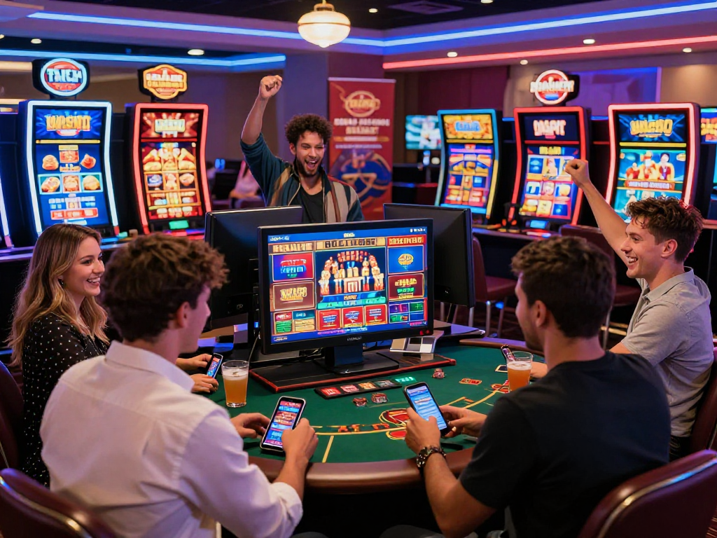 Exciting atmosphere in a vibrant online casino, showcasing USA casinos for UK players with friends enjoying gaming on colorful screens.
