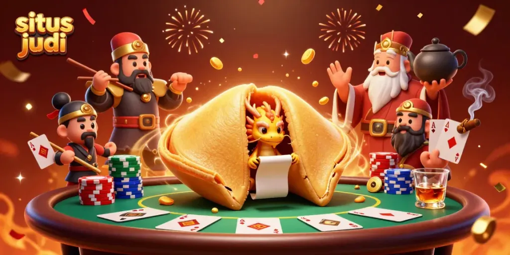 Gambaran aksi spektakuler dalam dunia situs judi dengan karakter unik seperti kue keberuntungan dan naga membaca keberuntungan.