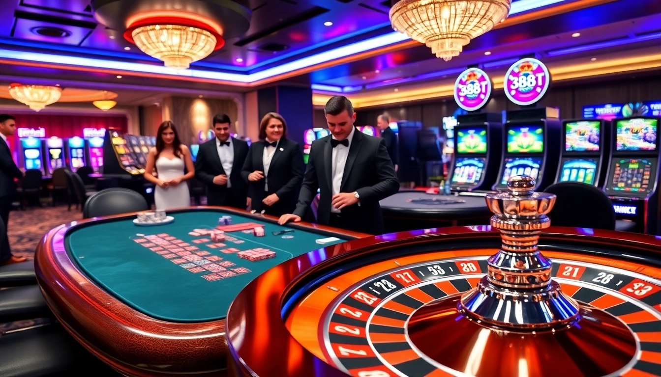 Players enjoying high-stakes action at 388bet casino with glamorous casino tables and vibrant slot machines.