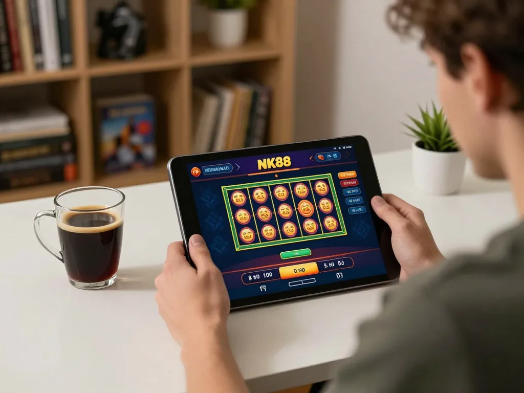 Engaging with the NK88 casino app on a tablet in a cozy home setting, highlighting online gaming.