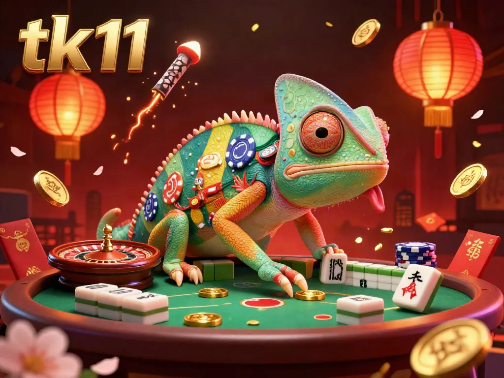 Engage with tk11, a vibrant casino scene featuring a chameleon owner and rich casino elements.