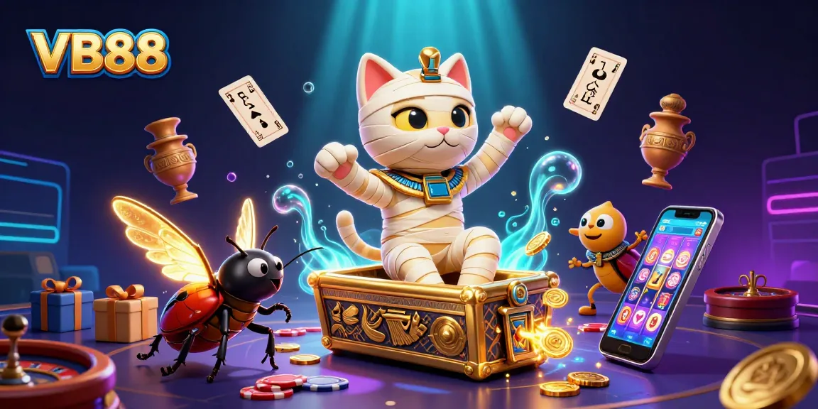 Experience VB88's vibrant casino atmosphere with a mummy cat and a scarab beetle amidst gambling excitement.
