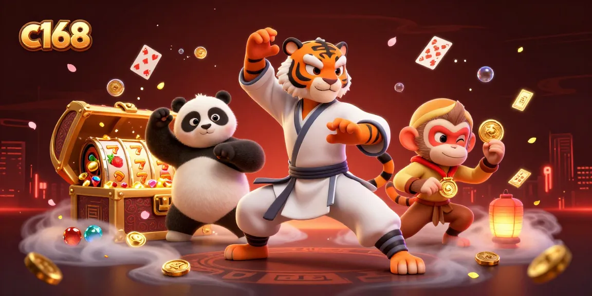 c168 showcases thrilling gaming action with a kung fu tiger in a vibrant casino scene.