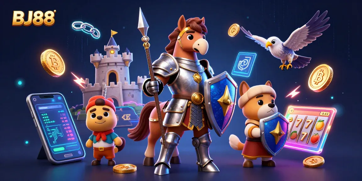 BJ88 slots scene with medieval knight, squire puppy, and falcon in a vibrant gambling illustration
