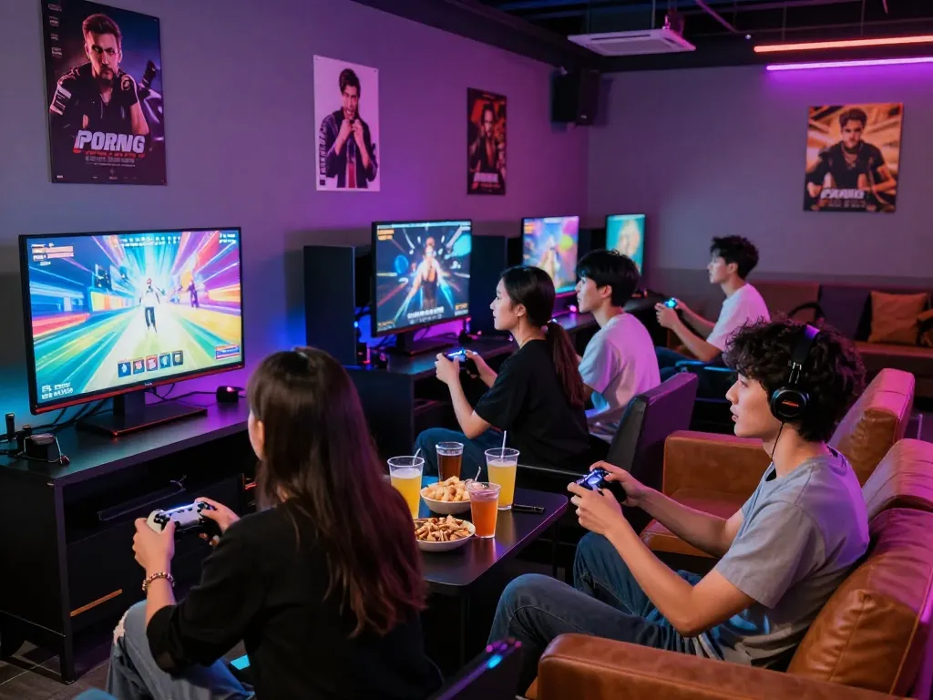 Exciting gaming lounge with friends playing a vibrant porngame together, snacks and drinks around.