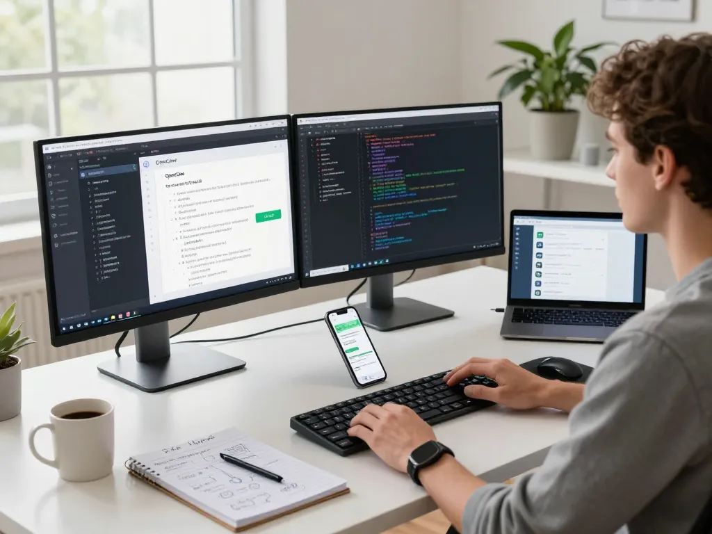 Developer using OpenClaw personal AI assistant in a modern workspace