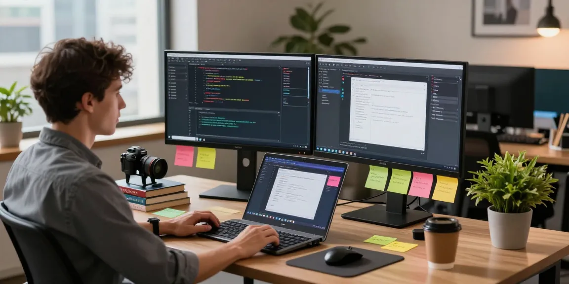 Pengembang perangkat lunak di https://miami4d.com/ dengan monitor ganda menunjukkan kode dan alat debugging.